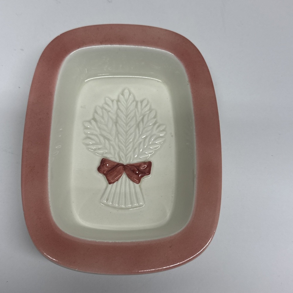 Vintage Japan Trinket Soap Dish 3D Wheat Sheaf Wide Pink Rim and Bow in center